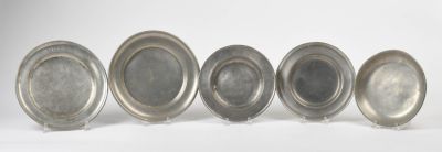 Five Pewter Dishes. German deep plate, 1820-40, diameter 7.75 inches. Italian soup bowl, two 