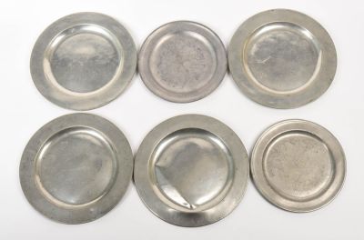 Six English Pewter Plates. Including a pair by E. Whiting, London, diameter 9.5 inches, and 