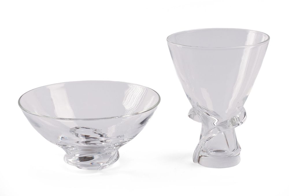 Two Steuben Swirl Design Pieces by Daniel Pollard. Diameter of bowl 7.25 inches, height of vase 