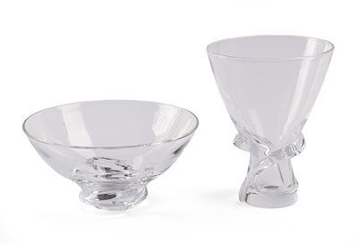Two Steuben Swirl Design Pieces by Daniel Pollard. Diameter of bowl 7.25 inches, height of vase