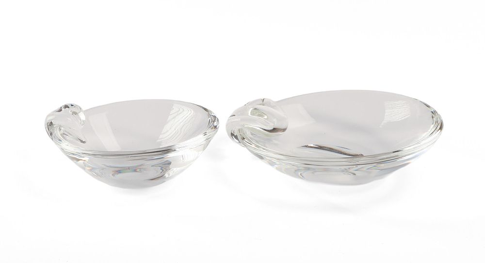 Two Steuben Glass Ash Trays. Diameters 7 and 7.5 inches. Excellent condition, in a Steuben box.