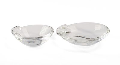 Two Steuben Glass Ash Trays. Diameters 7 and 7.5 inches. Excellent condition, in a Steuben box.