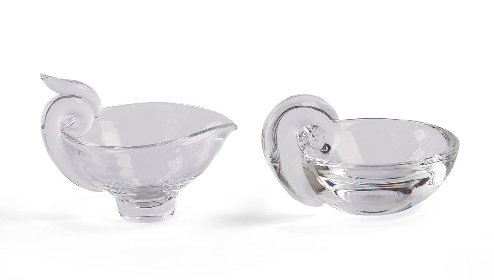 Steuben Glass Gravy Boat and Olive Bowl. Diameter of gravy boat 4.75 inches. Both in excellent 