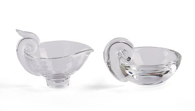 Steuben Glass Gravy Boat and Olive Bowl. Diameter of gravy boat 4.75 inches. Both in excellent