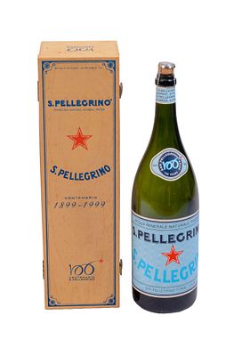 San Pellegrino Centennial Commemorative Bottle. In original box. Height 20 inches.