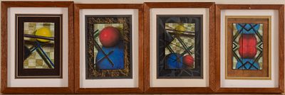 Four Small Contemporary Mixed Media Collages. Artist unknown, framed, 9 x 7 inches.