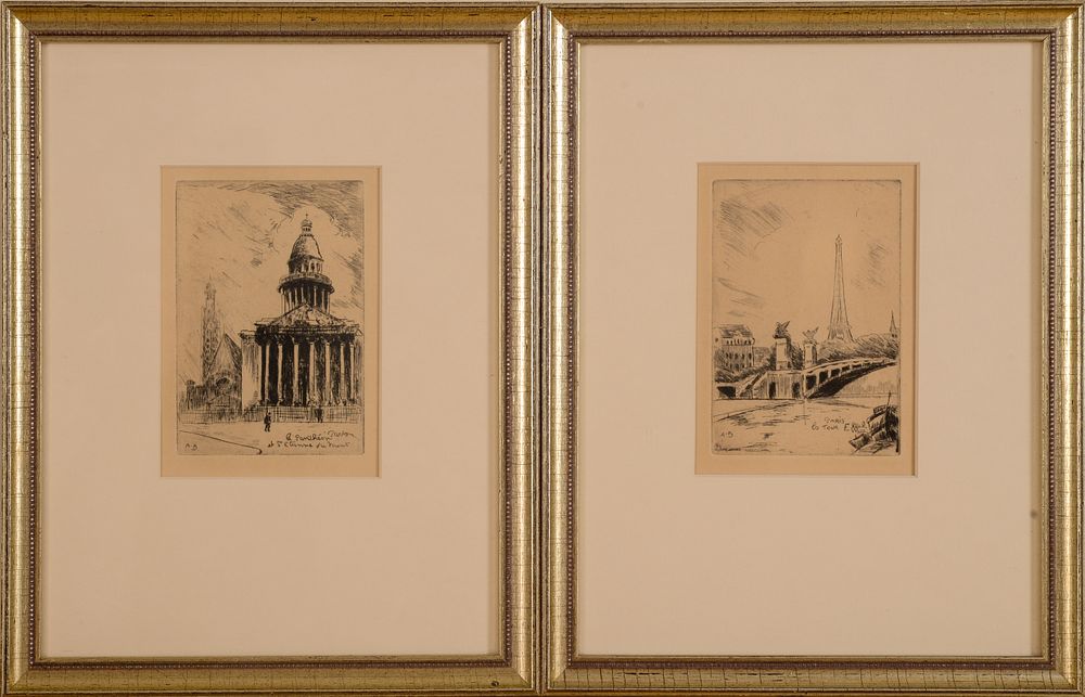 Two Small Engravings of Paris. Each image 4.5 x 3 inches, signed A.B. in plate. Framed, 11.25 x 
