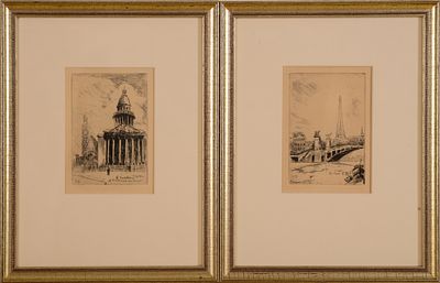Two Small Engravings of Paris. Each image 4.5 x 3 inches, signed A.B. in plate. Framed, 11.25 x