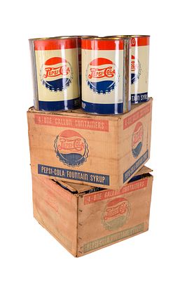 Eight Pepsi-Cola Fountain Syrup Cans. In original boxes. Height 8.75 inches. Some rust and