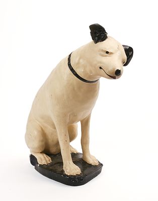 RCA Nipper Sculpture. Height 14 3/4 inches, depth 12 inches. Repaired break to ear. Some loss