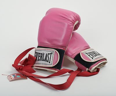 Pink Everlast Boxing Gloves. Length 11 1/4 inches. Size 12. Some drying, cracking, and scuffs.