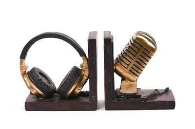 Headphone and Microphone Bookends. Height 5 5/8, length 5 1/4 inches. Light wear.
