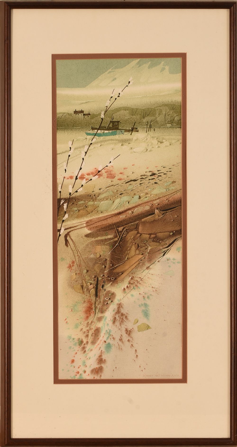 Robert Eric Moore Watercolor. (Maine 1927-2006), Beach Landscape with Lobster Boat, watercolor 