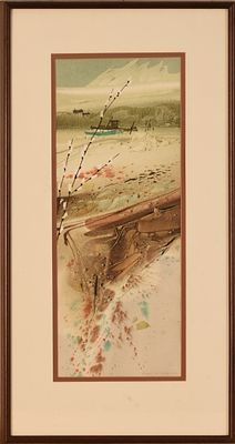 Robert Eric Moore Watercolor. (Maine 1927-2006), Beach Landscape with Lobster Boat, watercolor