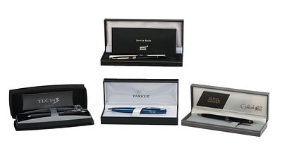 Four High End Ballpoint Pents. Mont Blanc, Parker, Cross and Calibri. All in original boxes