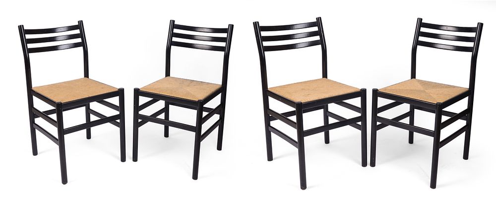 Set of Four 1970’s Italian Chairs. Black lacquered wood with rush seats, in the style of Gio 