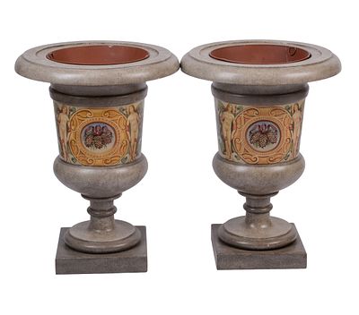 Pair of Trompe L'Oeil Hand Painted Urns. Height 24 inches, resin with metal inserts, excellent