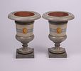 Pair of Trompe L'Oeil Hand Painted Urns. Height 24 inches, resin with metal inserts, excellent Image - 1