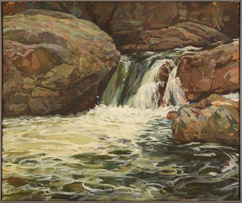 P. Matthews. Champagne Falls (First Attempt). Framed oil on canvas, signed lower left, signed 