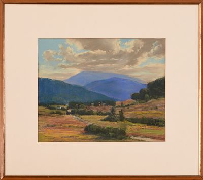 Pastel Mountain Landscape. On paper, unsigned. 12 x 15 inches, sight. Framed, 21 x 24 inches.