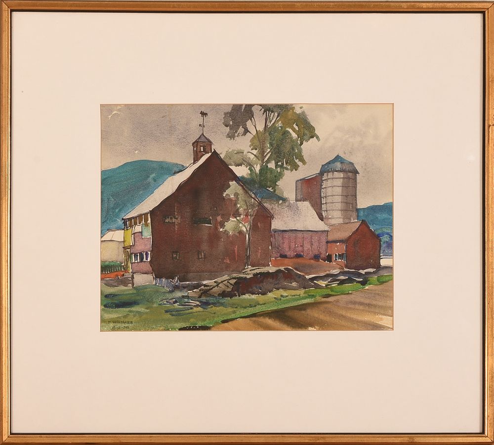 Frederic Whitaker (1891 - 1980). Red Barn. Framed watercolor on paper, signed and dated 8-5-38 