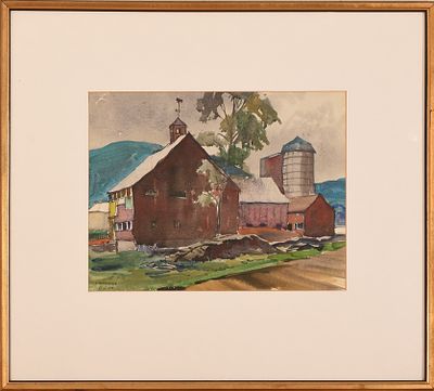 Frederic Whitaker (1891 - 1980). Red Barn. Framed watercolor on paper, signed and dated 8-5-38