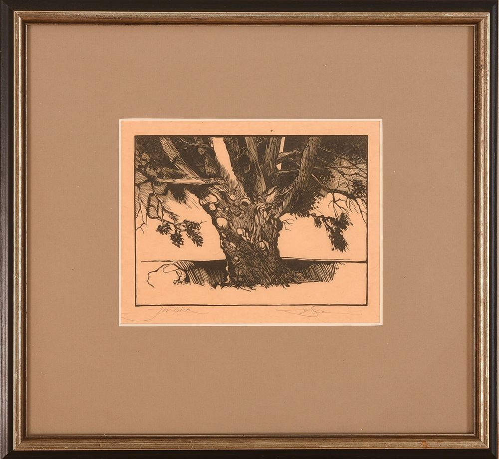 Mid Century Woodblock Print of a Tree. Pencil signed. 6 x 8 inches, sight. Framed, 13 x 15 inches.