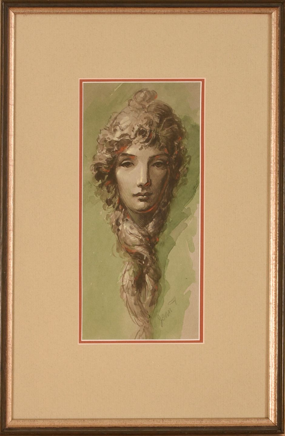 Watercolor Illustration of a Woman. Pencil signed. 9.25 x 4.25 inches, sight. Frame, 15.5 x 10 