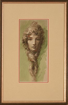 Watercolor Illustration of a Woman. Pencil signed. 9.25 x 4.25 inches, sight. Frame, 15.5 x 10