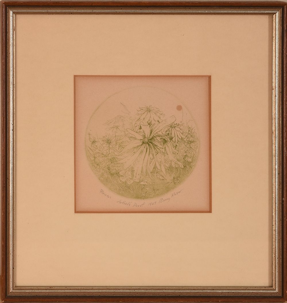 Barry Moser (Born 1940). Flowers. Framed etching on paper pencil signed. 5 x 5 inches, sight. 
