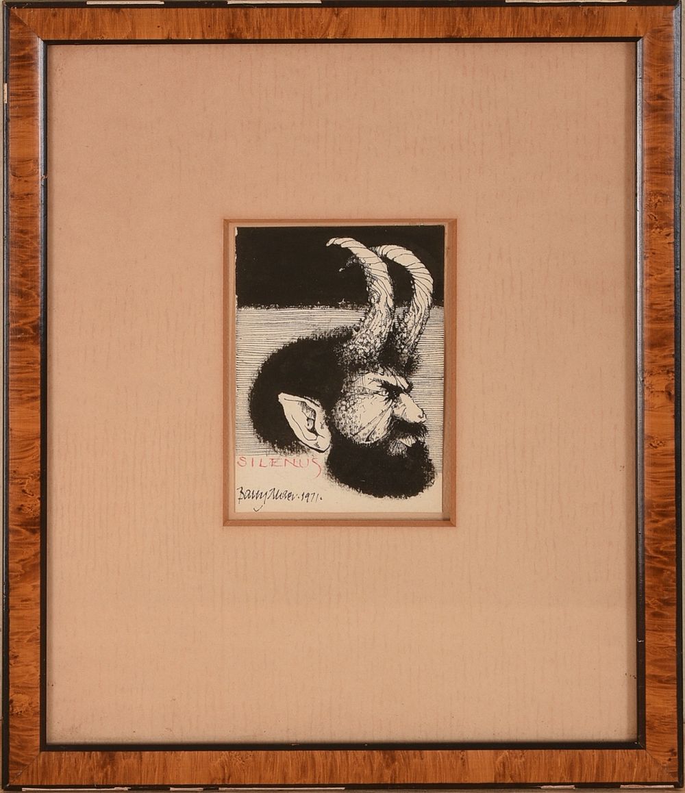 Barry Moser (Born 1940). Silenus. Framed woodblock on paper, signed lower left. 4 x 3 inches 