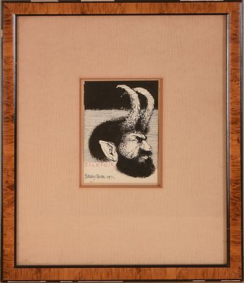 Barry Moser (Born 1940). Silenus. Framed woodblock on paper, signed lower left. 4 x 3 inches