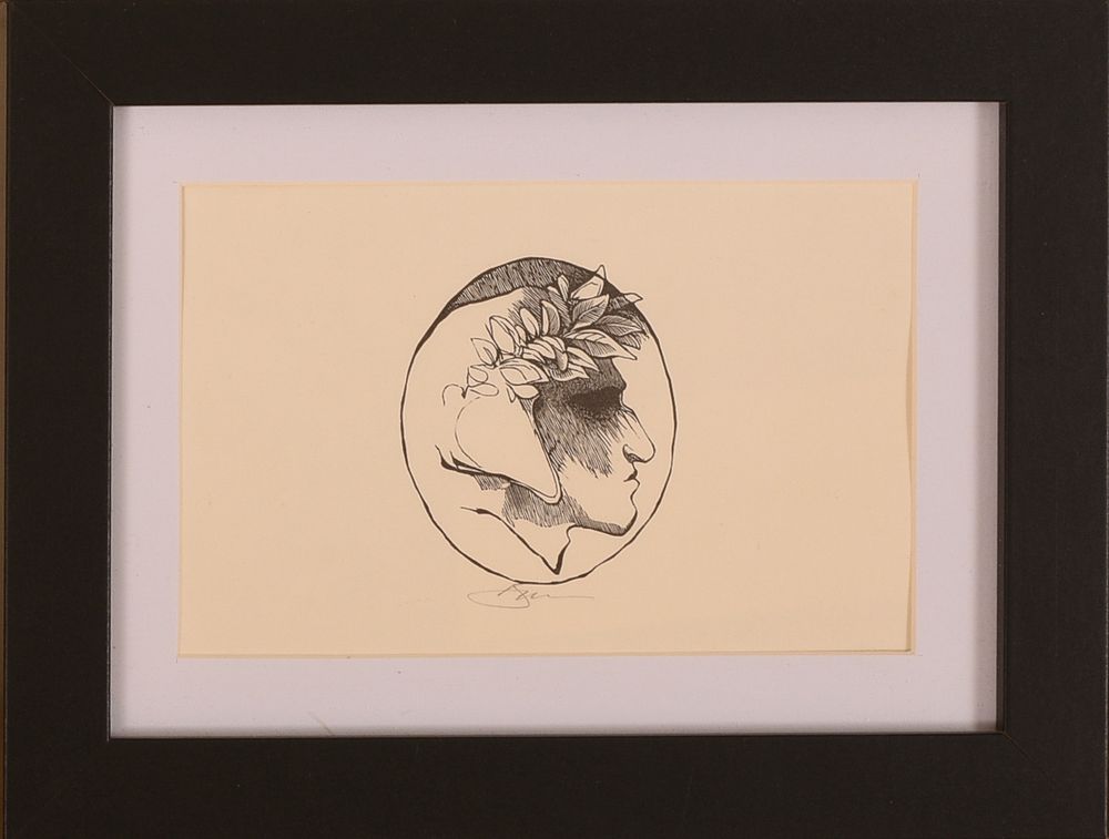 Small Profile Portrait. Framed pen and ink. 3.25 x 5.5 inches, sight. Frame, 6.25 x 8 inches.