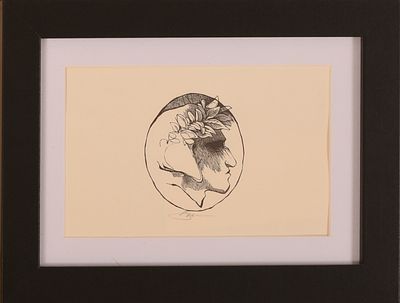 Small Profile Portrait. Framed pen and ink. 3.25 x 5.5 inches, sight. Frame, 6.25 x 8 inches.