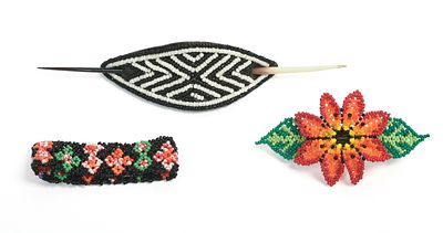 Three Beaded Pieces. Brooch, 3 x 2 inches, hair pin, and a bracelet.