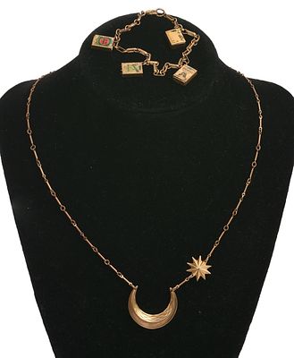 Moon and Stars Necklace and a Cigarette Charm Bracelet. Length of necklace 16 inches, diameter 