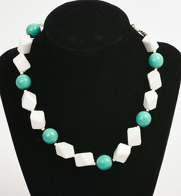 Miriam Haskell White and Teal Beaded Necklace. Length 16 inches.