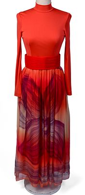 Hand Painted Red Tiered Chiffon Dress. Width across shoulders 13 inches, length 49 inches.