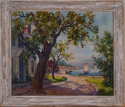 Lottie Meyer Catok. Harborside. (Massachusetts, active 1932-1971), oil on canvas, 25 x 30 inches 