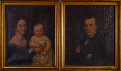 Pair of 19th Century American Folk Portraits. Oil on canvas, 30.5 x 25 inches. In original 