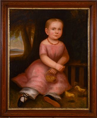 American Folk Art Painting of a Girl Feeding Chicks. Oil on canvas, 30 x 25 inches. Relined.