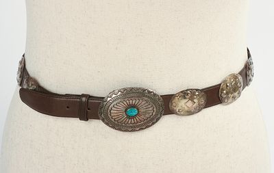 J. Blackgoat Sterling Silver Navajo Concho Belt. Length 38 inches, buckle 3 x 2 inches.