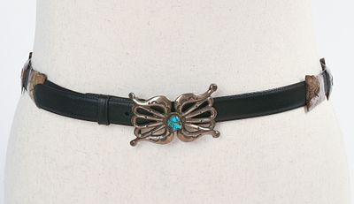 Navajo Silver and Turquoise Concho Belt. Length 41 inches, buckle 3.5 x 1.75 inches, stamped LCC.