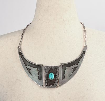 K. Dale Signed Navajo Sterling and Turquoise Necklace. Inside diameter 7 inches, 3.595 ozt.
