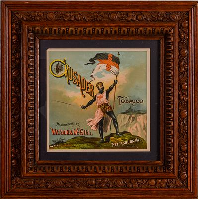 Finely Carved Walnut Frame. With Crusader Tobacco advertisement, rabbet 12 x 12 inches, overall 