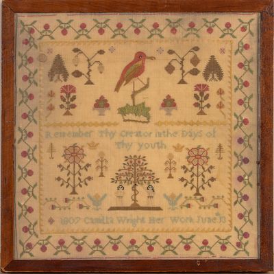 Camilla Wright's Schoolgirl Sampler, 1807. With birds, Adam &amp; Eve, trees and flowers 