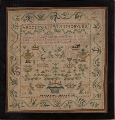 MarryAnn Harrison's Schoolgirl Sampler, 1818. Vine border with urns of flowers and birds 