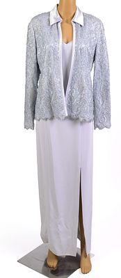 Bob Mackie Silver Gown and Beaded Jacket. Size 10. Length 50 inches. From the collection of 