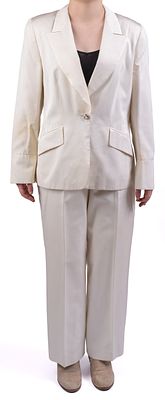 Escada Blazer and Pants in Ivory. Size 40, jacket length 27 inches. A few light stains. From 