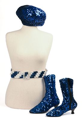 Sequin Boots, Size 7.5, Belt, and Beret. From the collection of Jane Morgan.